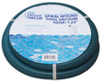 This image shows the hose on a white background. The packaging on the hose reads "Ocean Blue Water Products. Spiral Wound Pool Vacuum Hose: 1.25 inches. Spiral Wound Construction: Includes: One Swivel Cuff and One Standard Cuff. Lightweight, flexible, floating design. For leaf and debris removal. Part #511218."