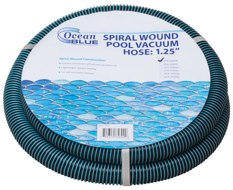 This image shows the hose on a white background. The packaging on the hose reads "Ocean Blue Water Products. Spiral Wound Pool Vacuum Hose: 1.25 inches. Spiral Wound Construction: Includes: One Swivel Cuff and One Standard Cuff. Lightweight, flexible, floating design. For leaf and debris removal. Part #511218."