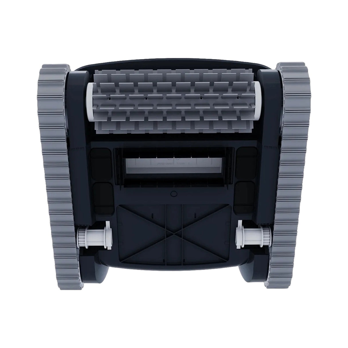 This image shows what the robotic pool cleaner looks like from the bottom. You can see the wheels on the left side and the wheels on the right side and the bristles in the front.