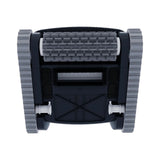 This image shows what the robotic pool cleaner looks like from the bottom. You can see the wheels on the left side and the wheels on the right side and the bristles in the front.