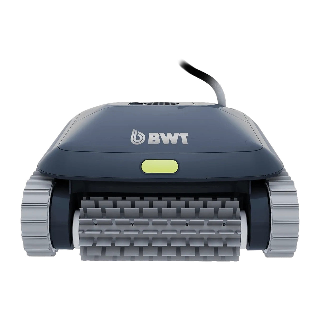 This image shows what the pool cleaner looks like from the front. You can see the wheels on both sides and the bristles in the front.