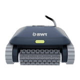 This image shows what the pool cleaner looks like from the front. You can see the wheels on both sides and the bristles in the front.