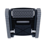 This image shows what this pool vacuum looks like from the bottom. You can see the wheels on the left and the right sides and the bristles at the front.