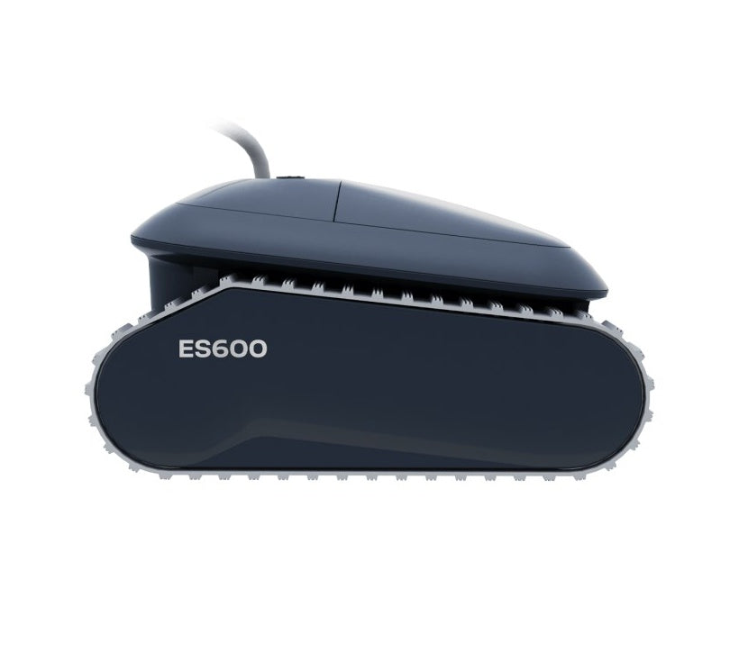 This image shows what the robotic pool cleaner looks like from the side on a white background.