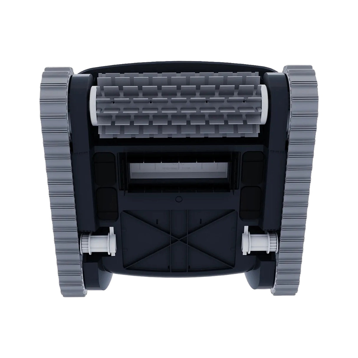 This image shows what this pool cleaner robot looks like from underneath on a white background. You can see the wheels on both sides and the front bristles.