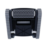 This image shows what this pool cleaner robot looks like from underneath on a white background. You can see the wheels on both sides and the front bristles.