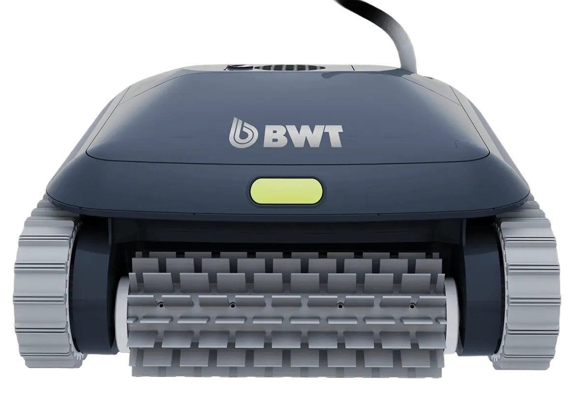 This image shows what the pool robot cleaner looks like on a white background. There are wheels on both sides and bristles at the front.