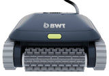 This image shows what the pool robot cleaner looks like on a white background. There are wheels on both sides and bristles at the front.