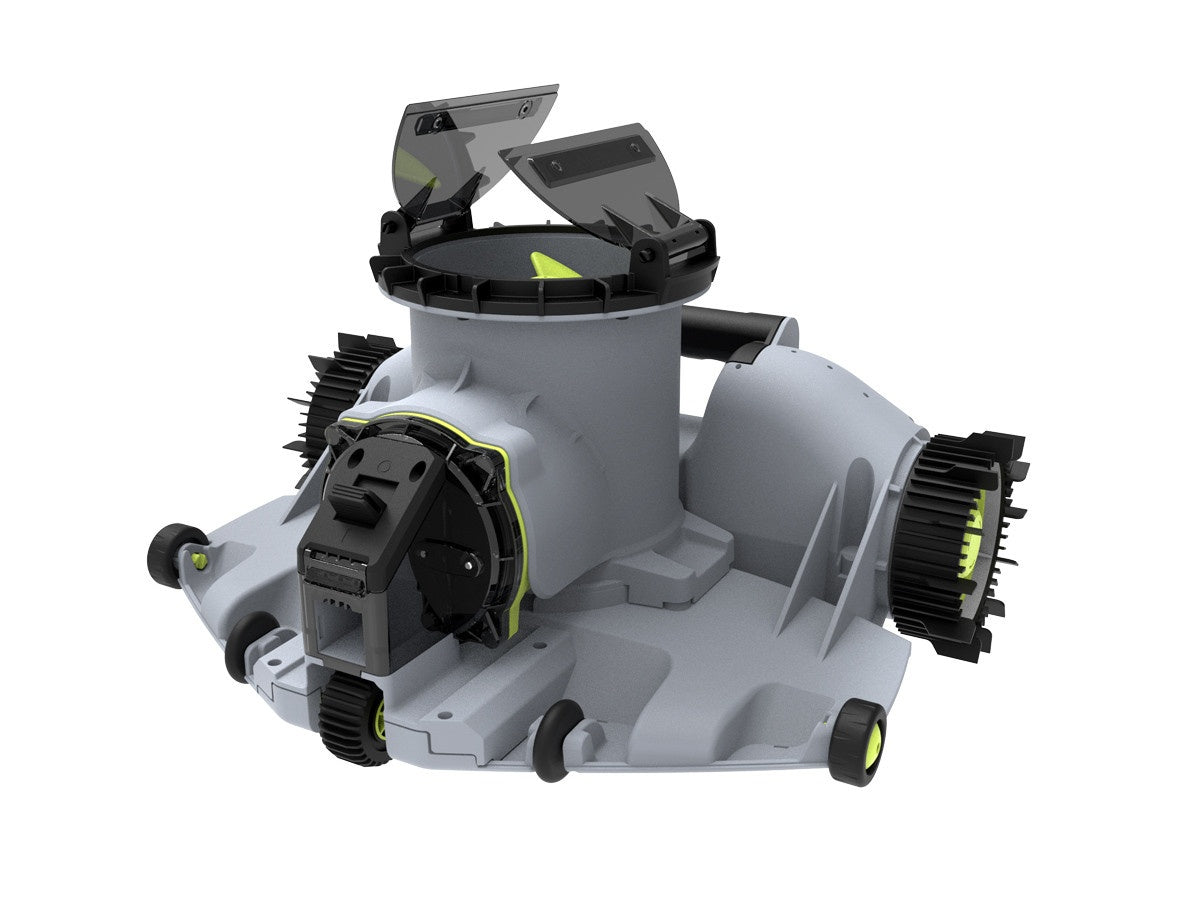 This image shows the robotic pool cleaner without the filtration bag.