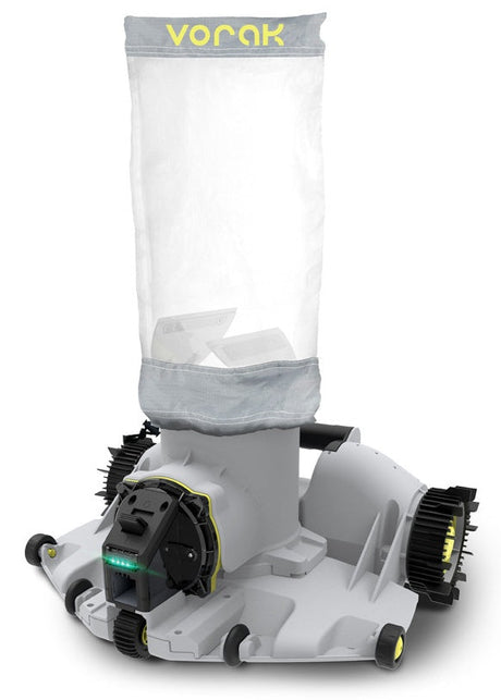 This image shows the robotic pool cleaner on a white backgorund.