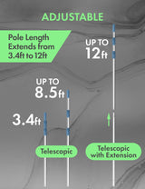 This image reads "Pole length is adjustable and extends from 3.4 ft. to 12 ft."
