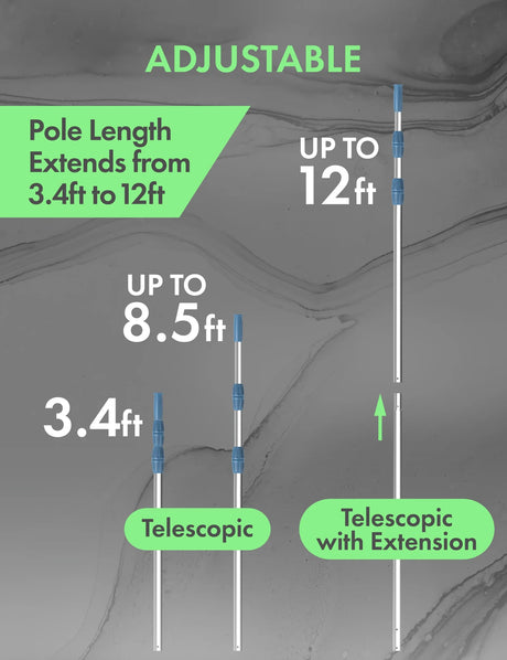 This image reads "Pole length is adjustable and extends from 3.4 ft. to 12 ft."