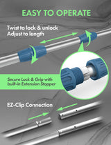 This image reads "This pole is easy to operate. Twist to lock and unlock, adjust to length. Secure Lock & Grip with built-in extension stopper with EZ-clip connection."