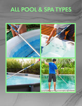 This image reads "This pole can be used in all pool and spa types." There's a picture of someone using the pole in an inflatable pool, in a hot tub, in an above ground pool and in an in-ground pool."