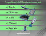 This image reads "This pole is compatible with most pool maintenance tools: Brush, skimmer, rake, vacuum and leaf vac."