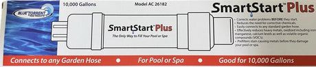 This image shows what the packaging for this product looks like. It reads "Smart Start Plus. The only way to fill your pool or spa. Corrects water problems BEFORE they start. Reduces the need for corrective chemicals. Easily connects to any standard garden hose. Effectively reduces heavy metals, oxidizing including iron, manganese, calcium levels as well as volatile organic compounds. Prefilters stain causing metals before they damage your pool or spa. Good for 10,000 gallons of water."