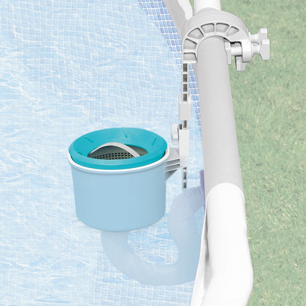 This is a lifestyle image showing the automatic surface skimmer mounted on the ultra frame wall of an Intex pool.