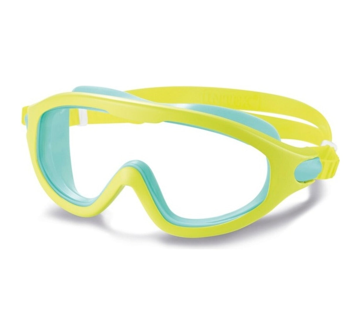This image shows the light blue and yellow colored swim mask on a white background.