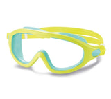 This image shows the light blue and yellow colored swim mask on a white background.