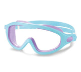 This image shows the light blue and light purple colored swim mask on a white background.