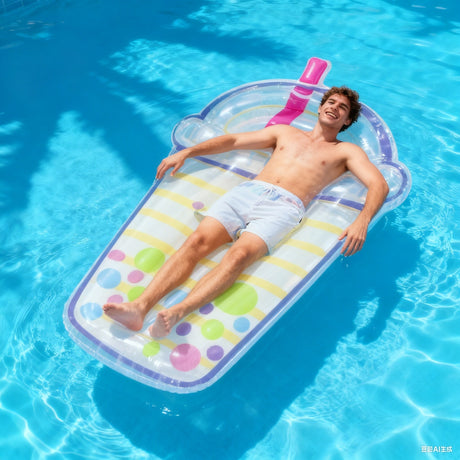 This is a lifestyle image showing a man laying on the pool float in the pool.