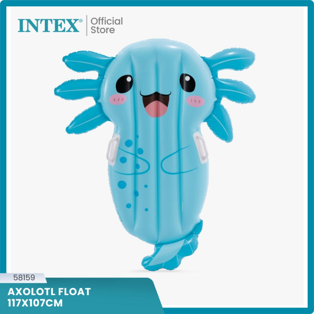 This image shows the axolotl pool float on a white background. At the top, it reads "Intex Official Store." At the bottom, it reads "(part number) 58159. Axolotl Float. 117 x 107 cm."