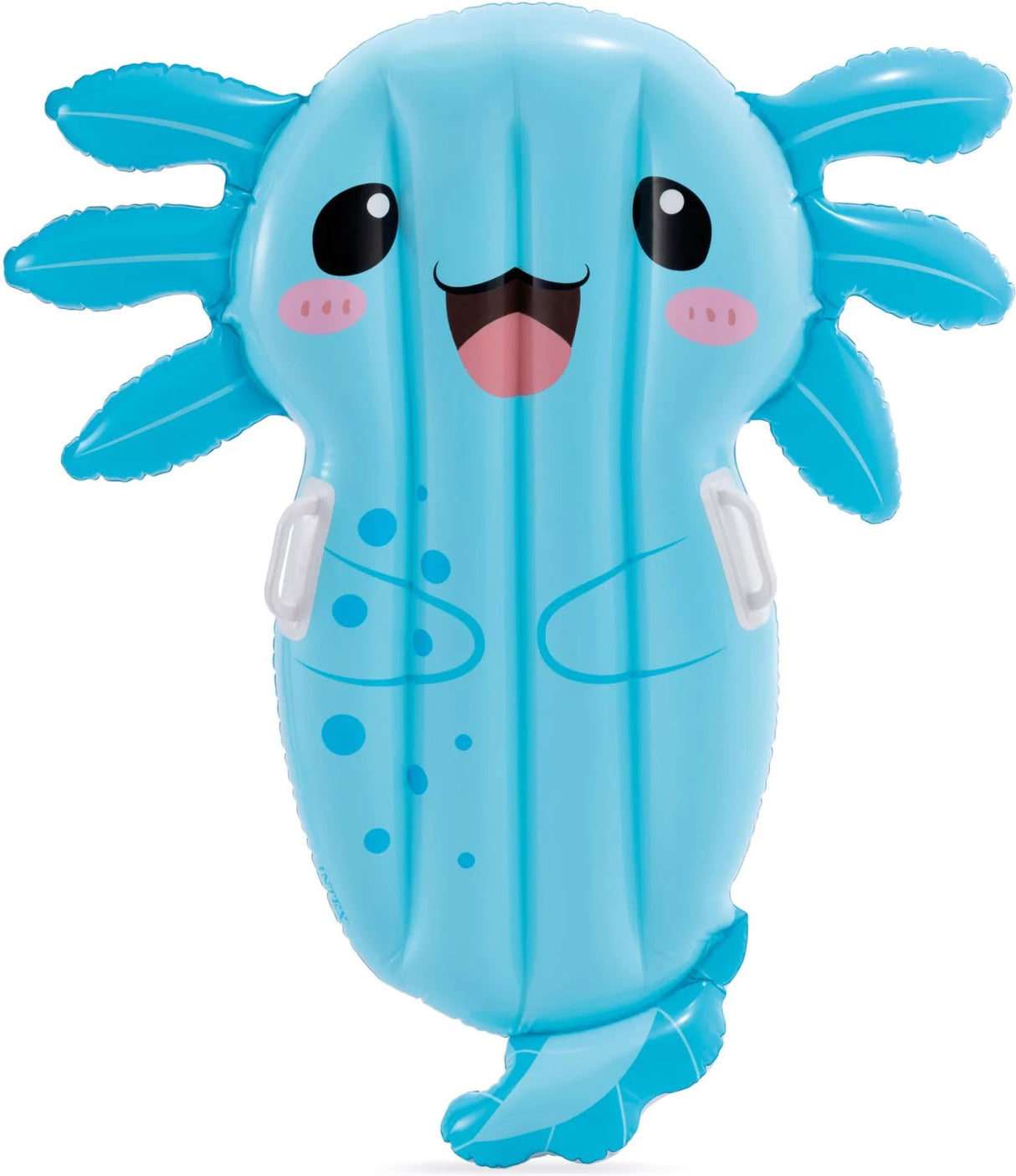 This image shows the axolotl pool float on a white background. The pool float is shaped like an axolotl with a light blue body. It has two large, black eyes, rosy cheeks and a big, open, smiling mouth. There are two white handles on the sides.
