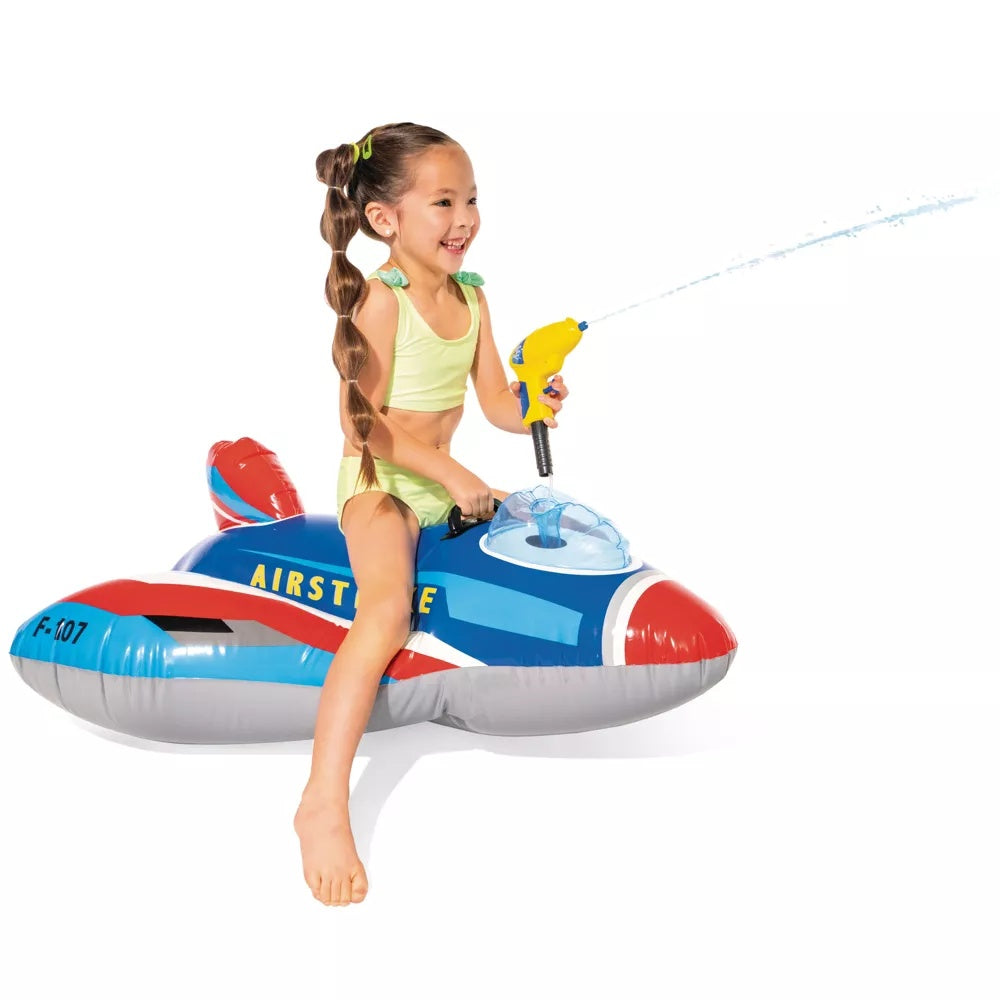 This image shows a little girl on the jet fighter float on a white background.