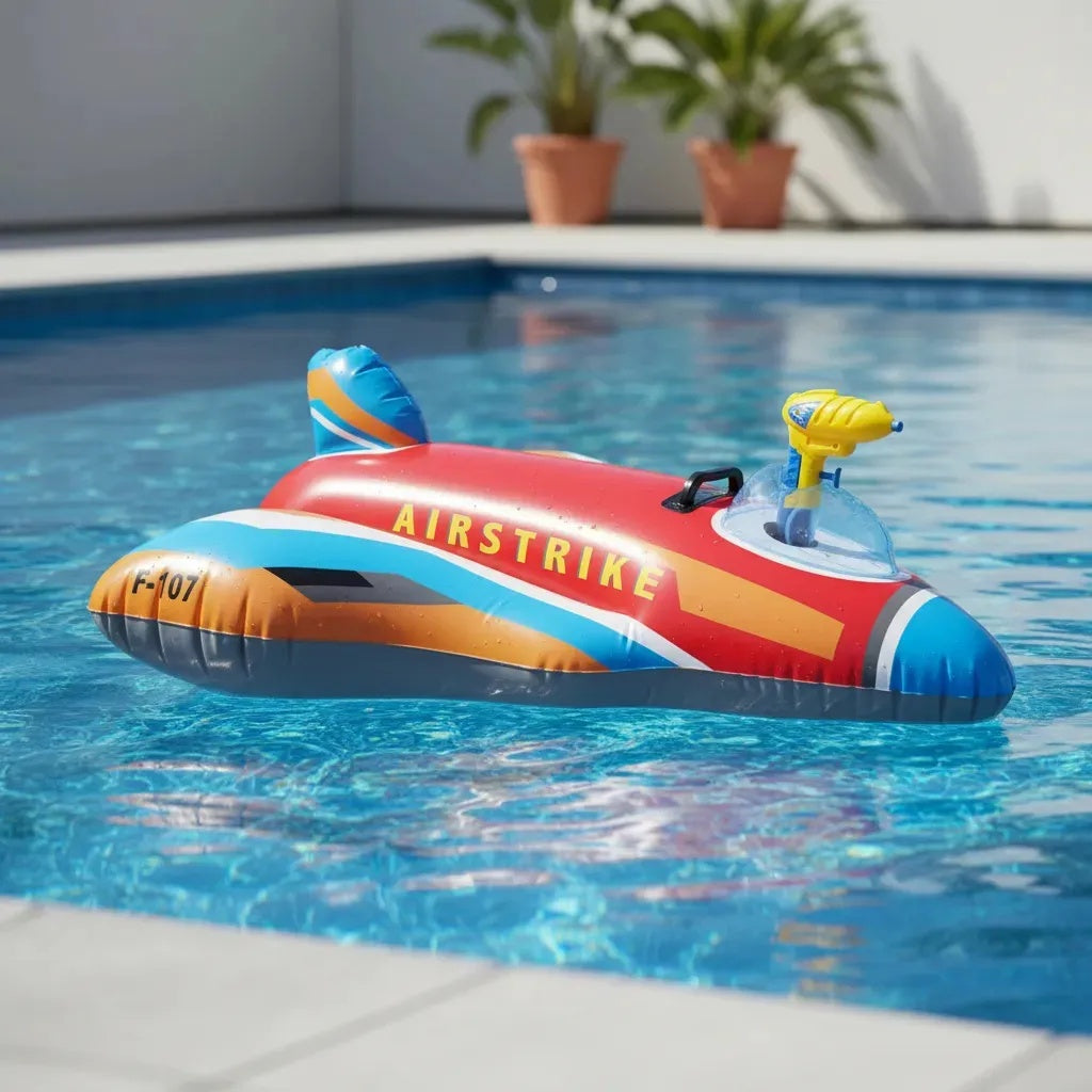This is a lifestyle image showing the red jet fighter floating on the surface of a pool.