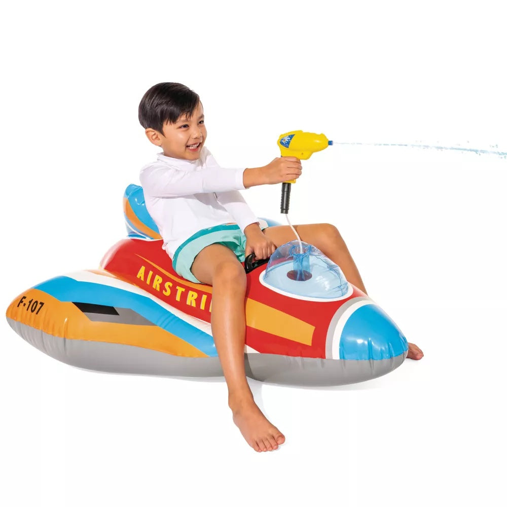 This image shows a little boy on the jet fighter float on a white background.