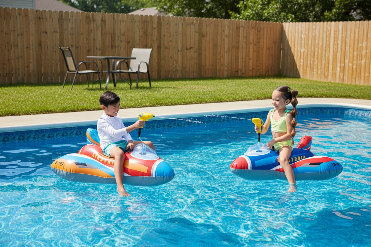 This is a lifestyle image showing two young kids riding the jet fighter floats in a pool. They're both shooting the water blasters at each other.