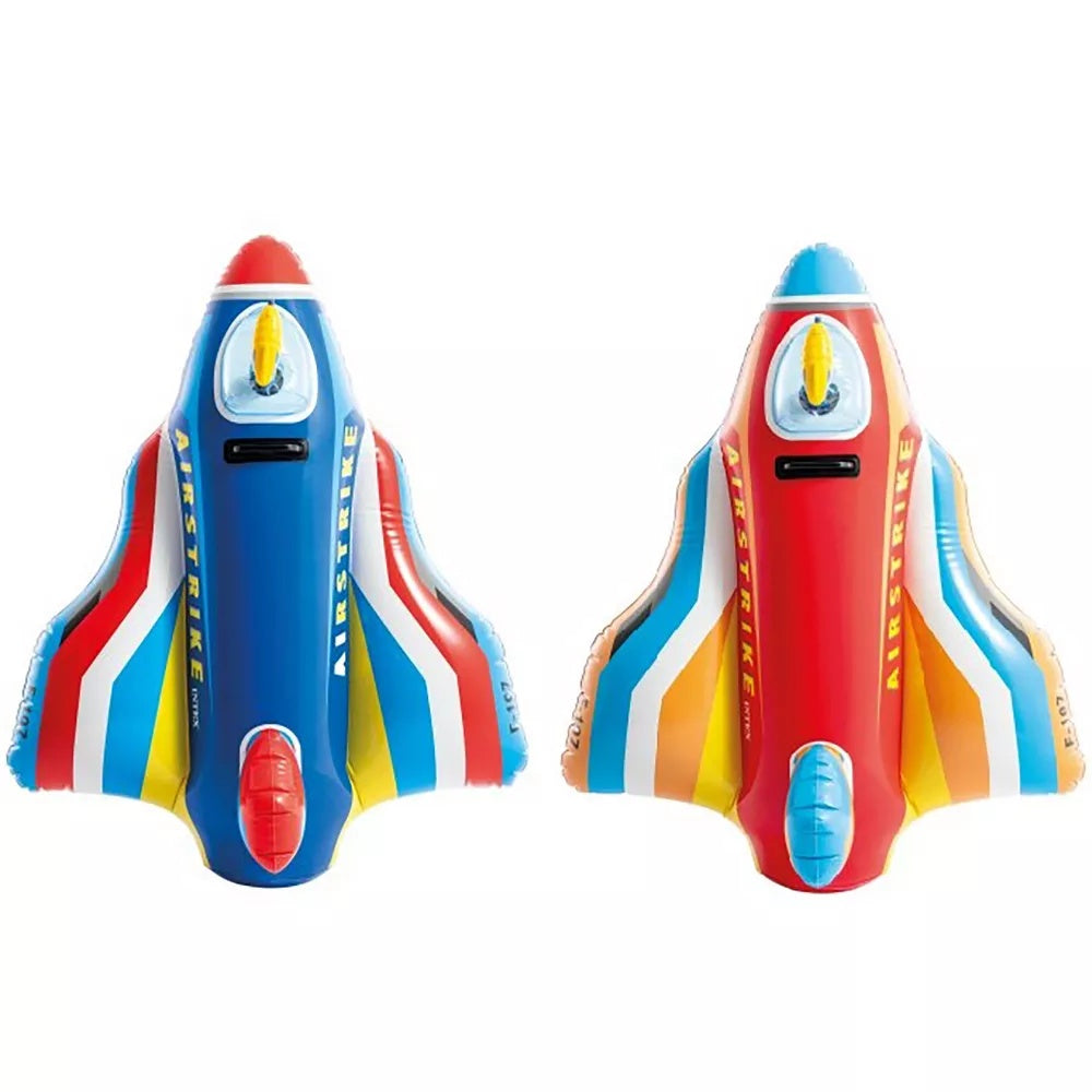 This image shows the two different colored jet fighter floats on a white background. The float on the left is blue, red, white, light blue and yellow. The float on the right is red, orange, light blue, white and yellow.
