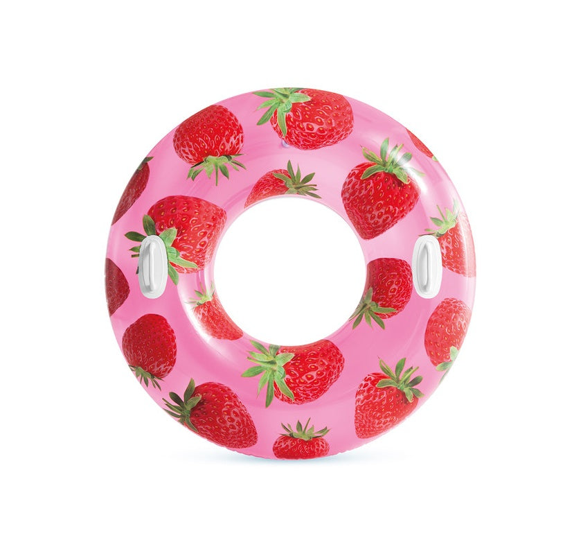 This image shows the strawberry inner tube on a white background. The inner tube is pink with realistic-looking strawberries.