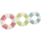 This image shows the three different color options available for this inner tube. One tube is pink with white stripes, one tube is lime green with white stripes and one tube is light blue with white stripes.