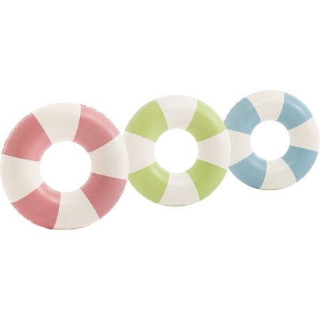 This image shows the three different color options available for this inner tube. One tube is pink with white stripes, one tube is lime green with white stripes and one tube is light blue with white stripes.