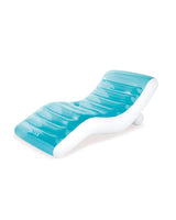 This image shows the inflatable pool chair from a different angle on a white background. The top of the chair is a transparent blue color and the bottom is white.