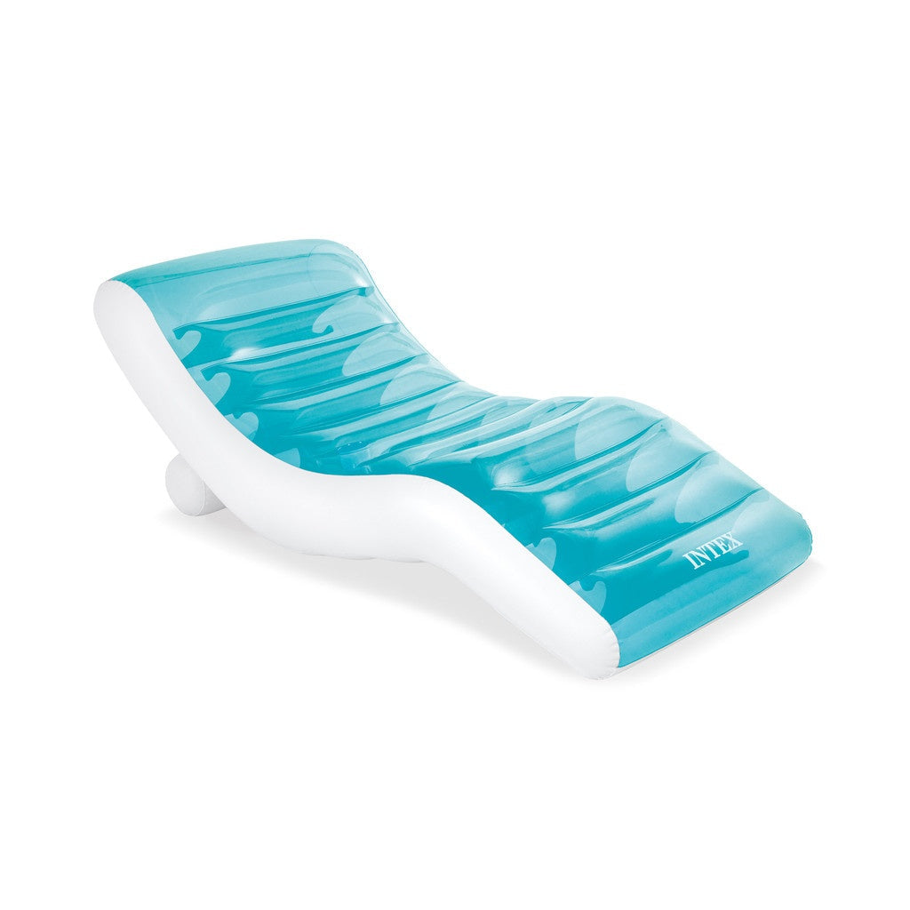 This image shows the inflatable pool chair on a white background. The top of the chair is a transparent blue color and the bottom is white.