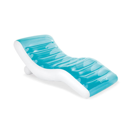 This image shows the inflatable pool chair on a white background. The top of the chair is a transparent blue color and the bottom is white.