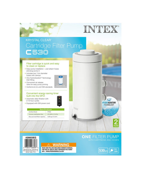 This image shows the packaging that this filter pump comes in. It reads "Intex Krystal Clear Cartridge Filter Pump C530. Filter cartridge is quick and easy to clean or replace. Easy pump installation - attach hoses and plug pump in. Includes two 1 ¼" in diameter hoses with clamps. HydroAeration Technology inlet fitting. Convenient air release valve for easy pump priming. Conforms to UL and CSA standards. Convenient energy-saving timer built into the GFCI. Automatic daily filtration with 2-10 hour cycles."