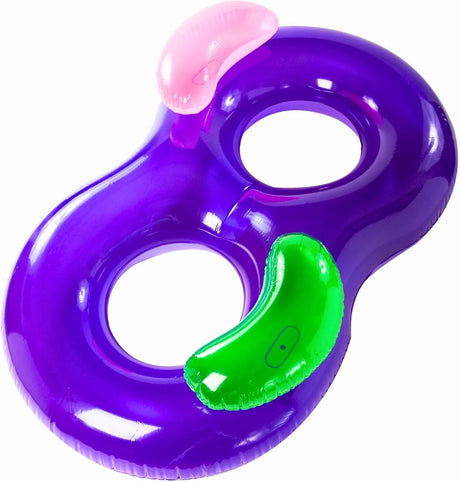 This image shows the inflatable side by side pool lounger on a white background. The lounge is purple. The lounge has two back rests: one is pink and one is lime green.