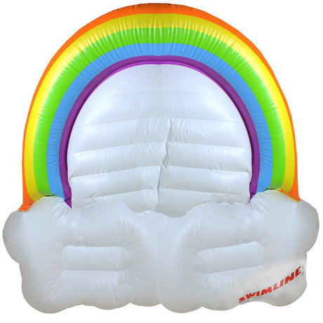 This image shows the pool inflatable on a white background. The inflatable is an arc-shape, designed to look like a rainbow with clouds underneath.