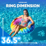 This image reads "Swimline Ring Dimension: 36.5 inches wide." It shows a young girl sitting inside the swim ring while floating in a pool.