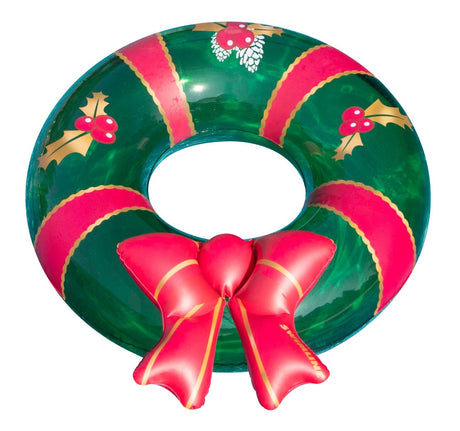 This image shows the inner tube on a white background. The inner tube is designed to look like a Christmas wreath. It's green with red and gold accents. The red is designed to look like ribbon. There's a big, red bow, along with berry design accents.
