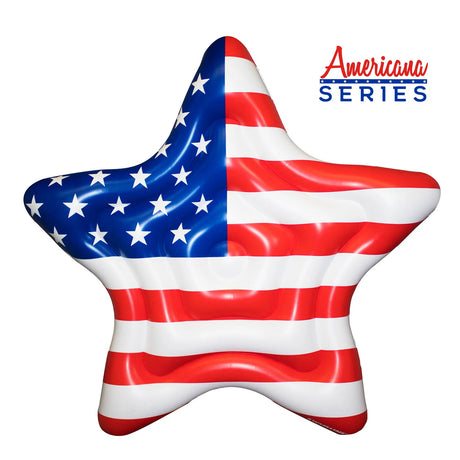 This image shows the pool inflatable on a white background. The inflatable is shaped like a star. The left corner is blue with white stars. The rest of the float is red and white striped. The picture also has text that reads "Americana Series."