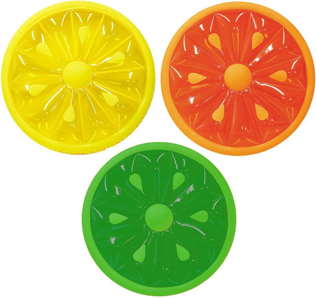 This image shows all three different float options on a white background. They're all round. One looks like a lemon slice. One looks like an orange slice. One looks like a lime slice.