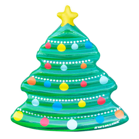 This image shows the Christmas tree float on a white background. The float is a transparent green color. There's a yellow star on top, along with multi-colored ornaments throughout. The ornament colors are Red, Yellow, Light Blue, Blue, Orange and White.