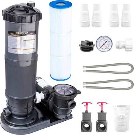 This image shows everything that comes with this Swimline pool filter cartridge. Complete set includes heavy-duty tank, cartridge element, base, high-efficiency pump, (2) 1.5'' filter connection hoses and adapters.