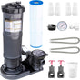 This image shows everything that comes with this Swimline pool filter cartridge. Complete set includes heavy-duty tank, cartridge element, base, high-efficiency pump, (2) 1.5'' filter connection hoses and adapters.