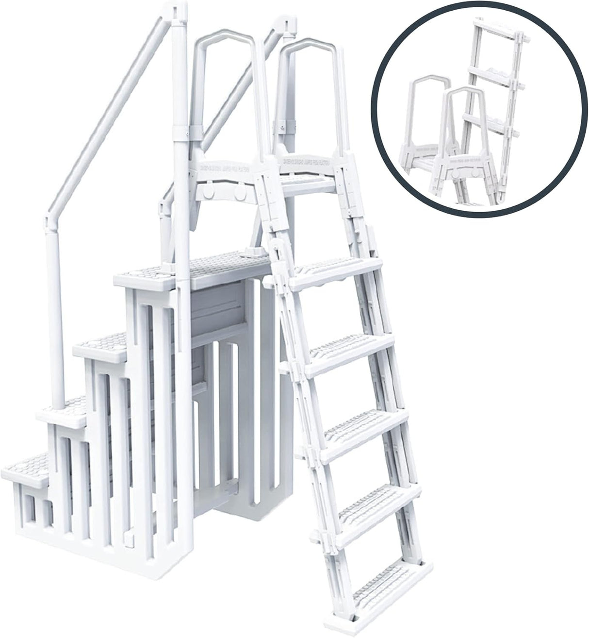 This image shows the white, resin pool step ladder on a white background. There's a circle at the top magnifying what the steps would look like with the flip up ladder up.