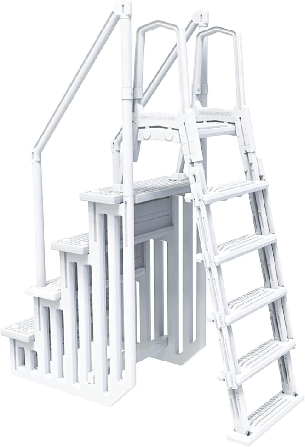 This image shows the white, resin pool step ladder on a white background. 